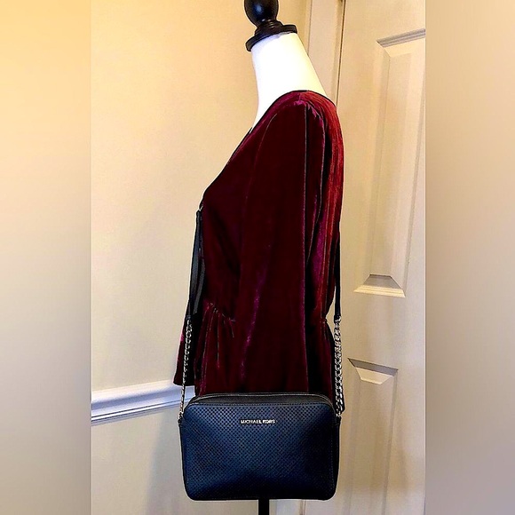 MICHAEL KORS Perforated Black Saffiano Crossbody with Silver Chain Leather Strap - Picture 10 of 15